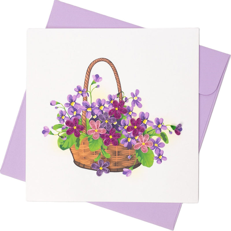 Quilled Basket of Purple Flowers Greeting Card (15x15cm)