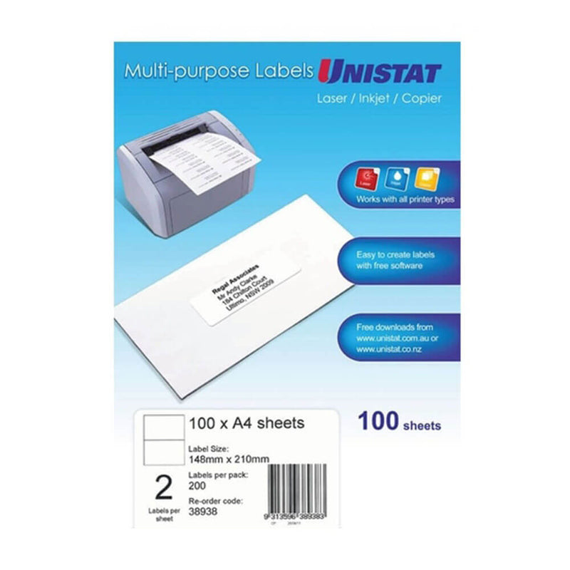 Unistatレーザー/インクジェット/コピー機ラベル100pk
