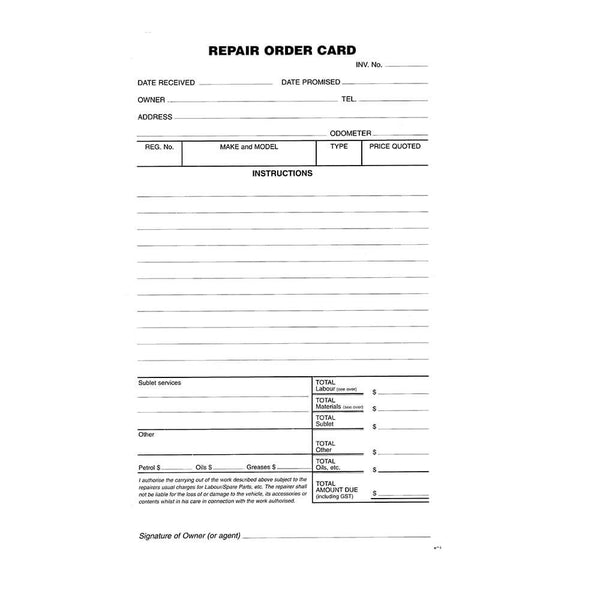 Zions Repair Order Cards (250pk)